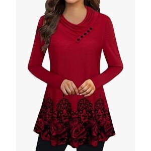 Woman's Long Sleeve Button Cowl Neck Floral Printed Tunic